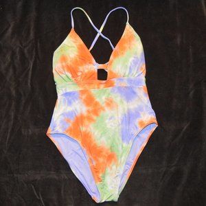 Lucky Brand NEW Purple Orange Green Tie Dye One Piece Tie Swimsuit Large